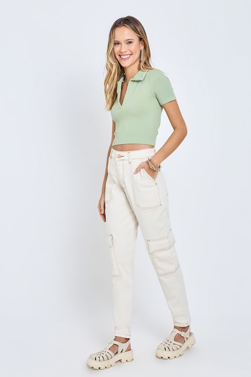 Calça Feminina Off-White Mom Cargo Pespontos Contrastantes