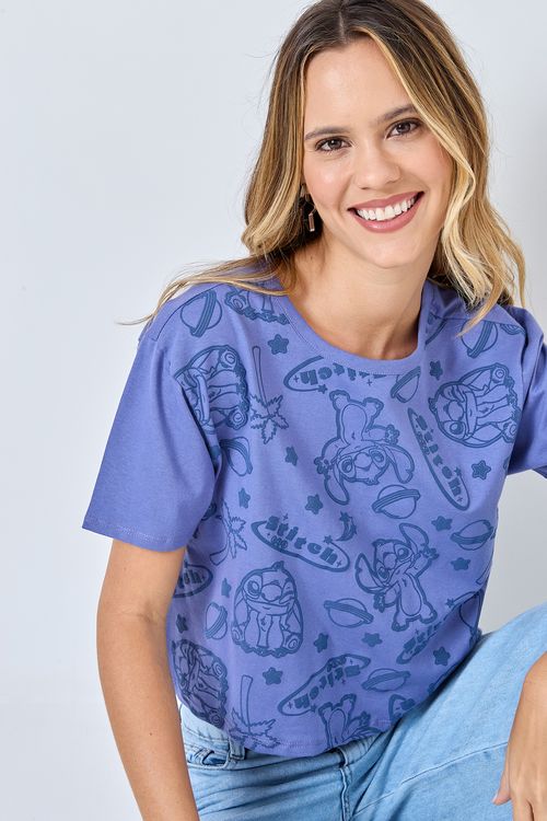 Blusa Feminina Lilás Vibrante Stitch Fullprint Licenciada