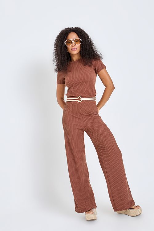 Calça Pantalona Canelada Feminina Marrom Escuro