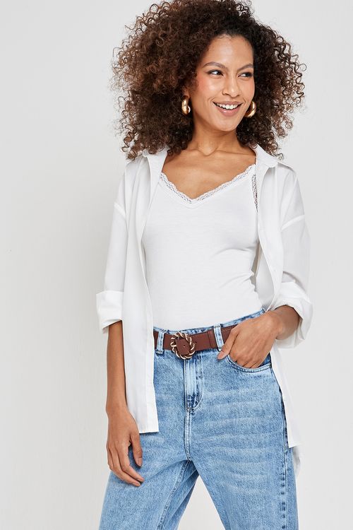 Blusa Regata Feminina Off White Canelada com Renda