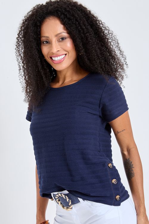 Blusa Feminina Manga Curta Azul Marinho Botões Laterais Relevo