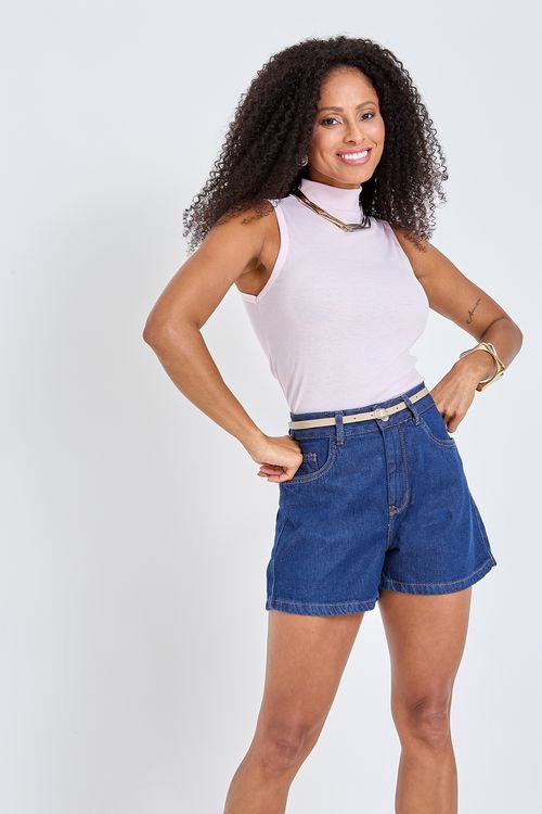 Shorts Feminino Azul Escuro com Cinto Bege