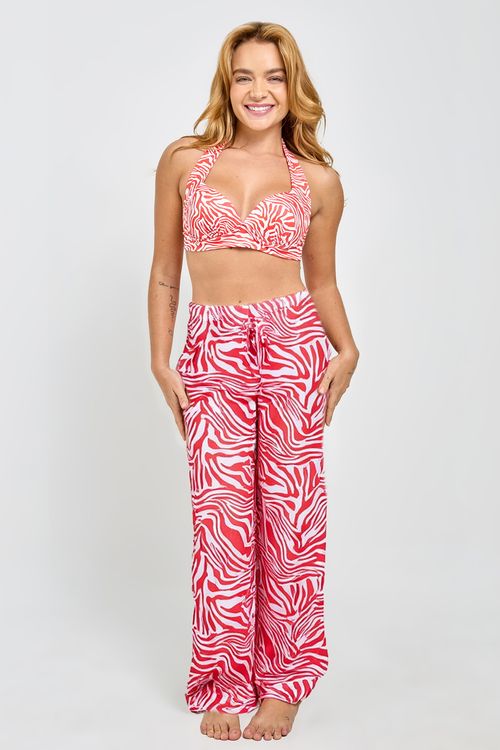 Conjunto Saída de Praia Feminino Vermelho Estampa Zebra