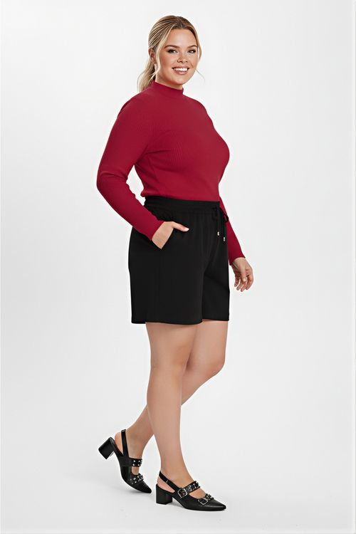Shorts Feminino Preto Crepe Amarração Bolsos