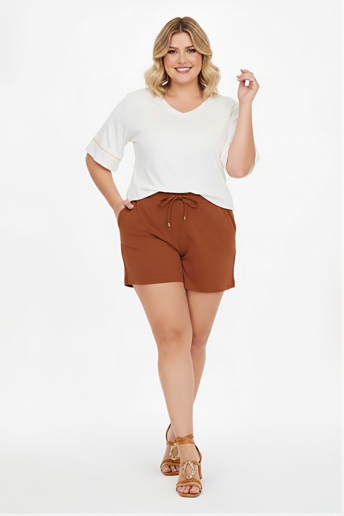 Blusa Feminina Off White Decote V Detalhe Dourado Mangas