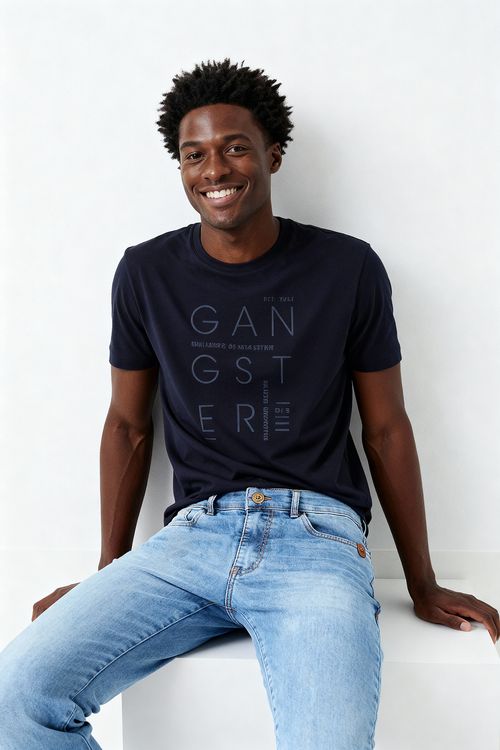 Camiseta Masculina Azul Marinho Estampa GANGSTER