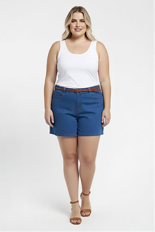 Shorts Jeans Feminino Azul Médio Plus Size com Cinto Marrom