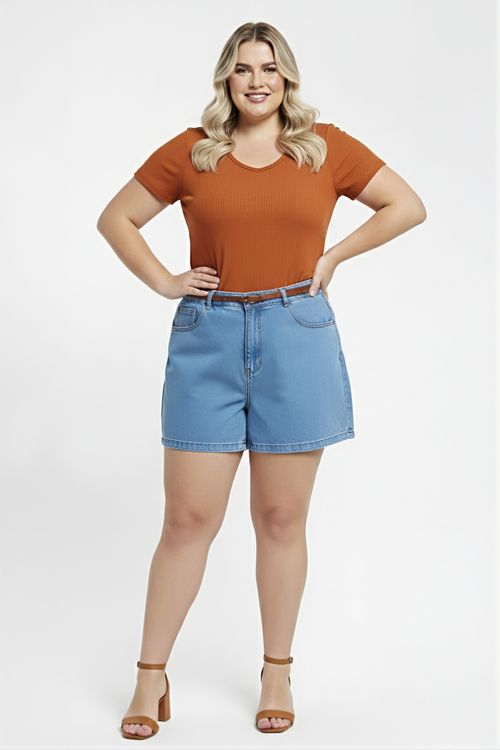 Blusa Feminina Caramelo Canelada Gola V Manga Curta