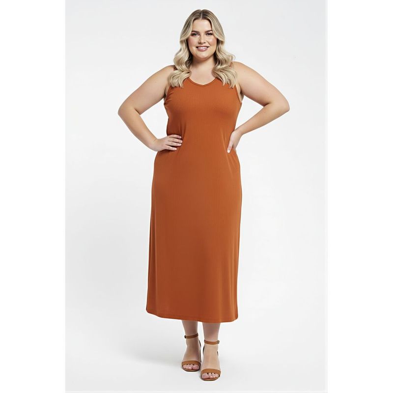 Vestido Midi Feminino Terracota Malha Canelada Decote V 0