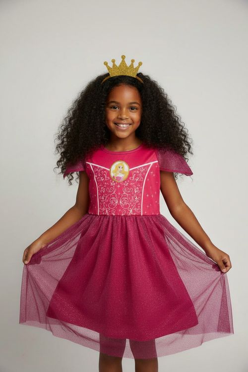 Vestido Infantil Menina Fúcsia Princesa Aurora Tule Glitter