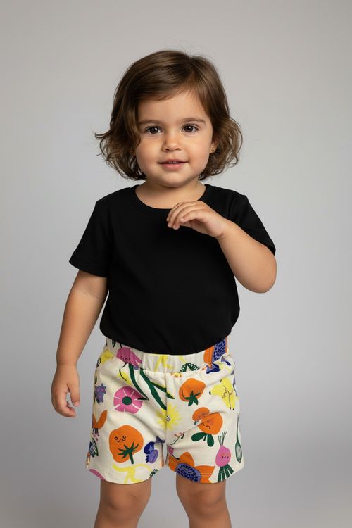 Shorts Infantil Menina Creme Estampa Frutas e Legumes