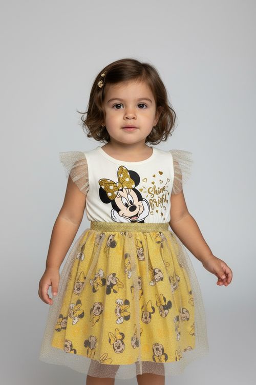Vestido Infantil Menina Amarelo Minnie Mouse Shine Bright