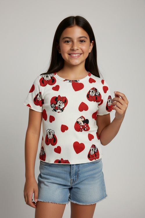 Blusa Infantil Menina Canelada Off White Minnie e Corações