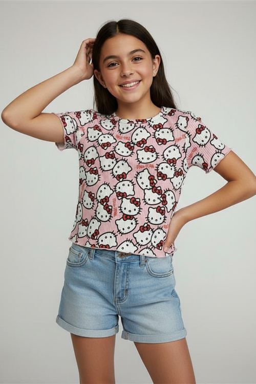 Blusa Infantil Menina Rosa Canelada Hello Kitty