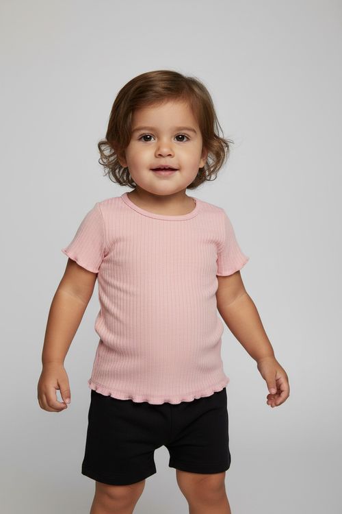 Blusa Infantil Menina Rosa Claro Canelada com Babado