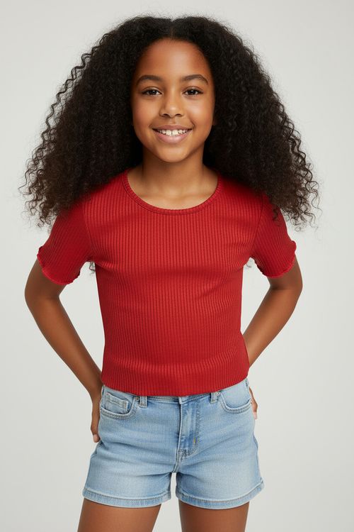 Blusa Juvenil Menina Vermelha Canelada Ondulada