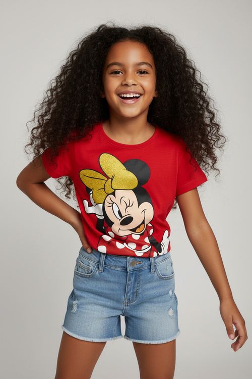 Blusa Infantil Menina Vermelha Minnie Mouse Laço Glitter