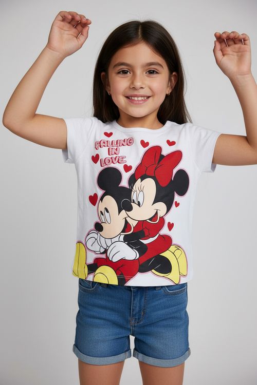 Blusa Infantil Menina Branca Mickey e Minnie Falling in Love Corações