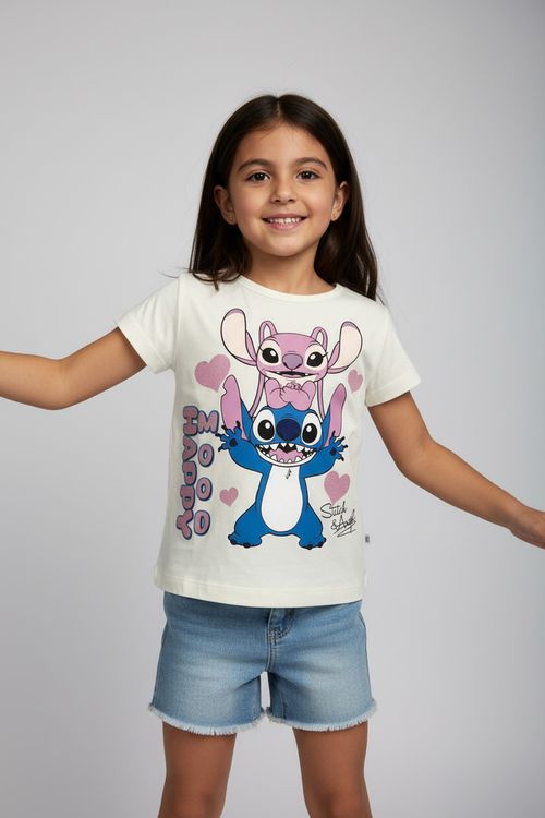 Blusa Infantil Menina Off White Estampa Stitch e Angel 'I'm So Happy'