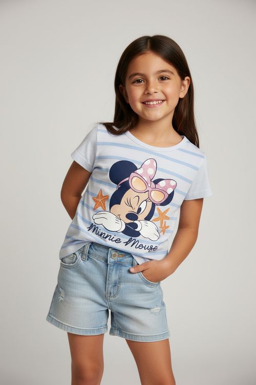 Blusa Infantil Menina Branca e Azul Listrada Minnie Óculos
