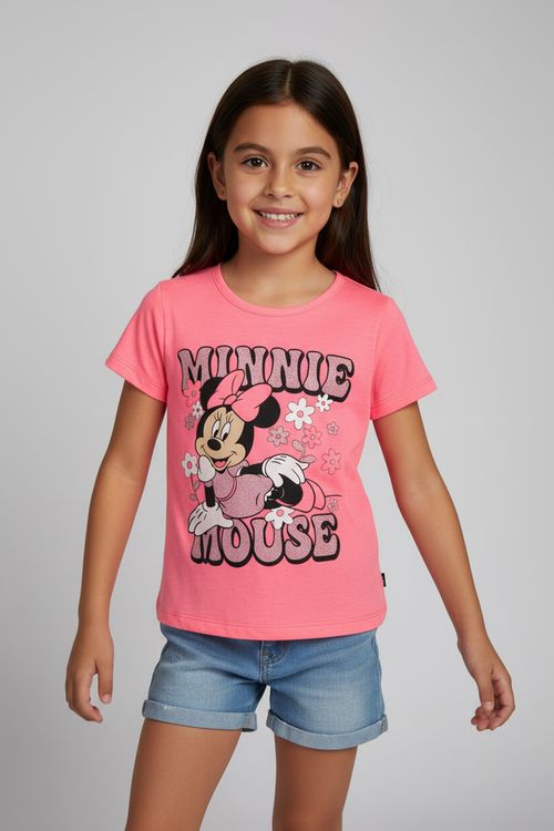 Blusa Infantil Menina Rosa Neon Minnie Mouse Floral Glitter