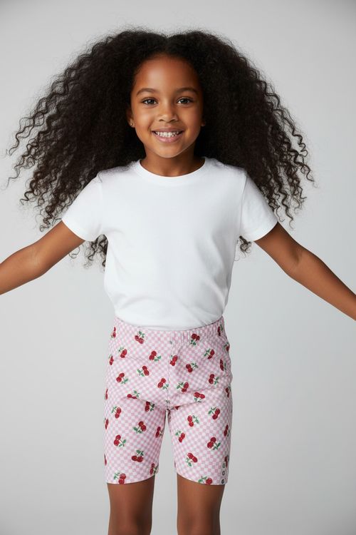 Shorts Ciclista Infantil Menina Rosa Xadrez Cerejas