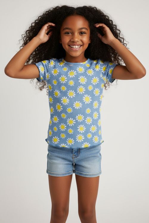 Blusa Infantil Menina Azul Clara Estampa Margaridas Delicadas