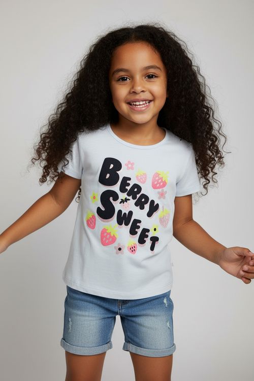 Blusa Infantil Menina Azul Claro Morangos 'Berry Sweet'