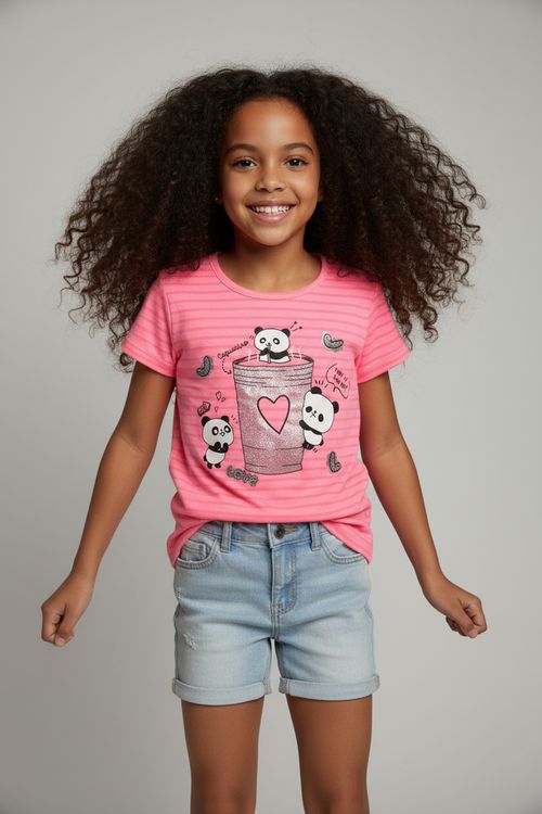 Blusa Infantil Menina Rosa Neon Listrada Pandas Xícara Glitter