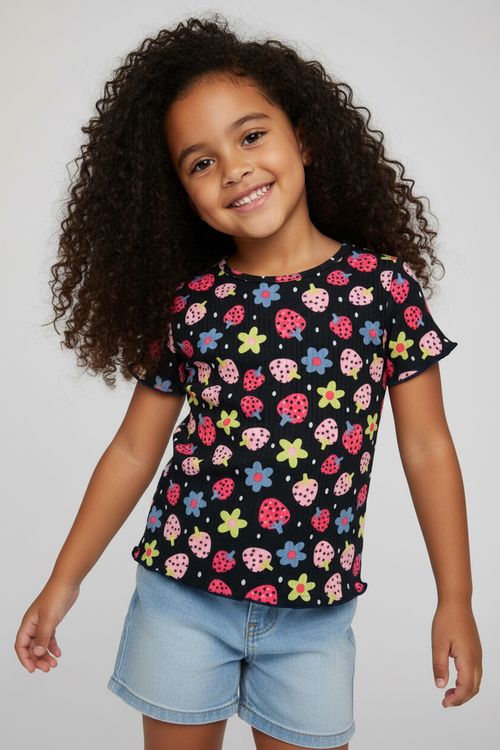 Blusa Infantil Menina Preta Morangos e Flores Coloridas