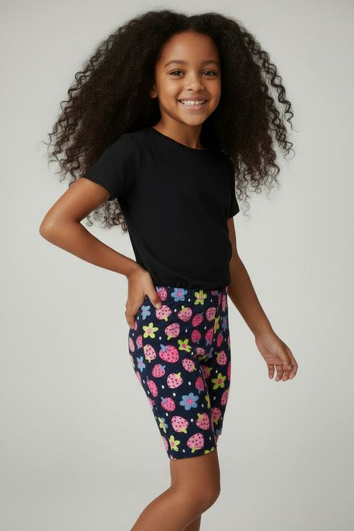 Shorts Ciclista Infantil Menina Marinho Estampa Morangos e Flores