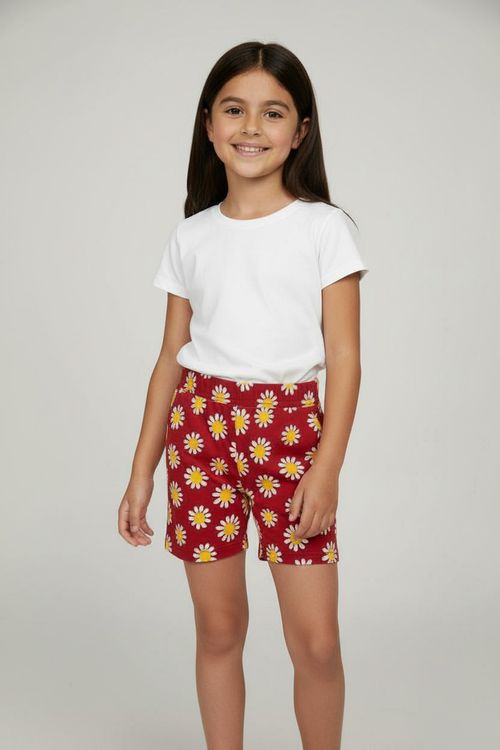 Shorts Infantil Menina Vermelho Floral Margaridas Alegres