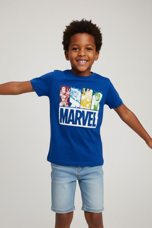 Camiseta Infantil Menino Azul Royal Estampa Heróis Marvel