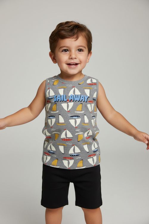 Regata Infantil Menino Cinza Estampa Náutica Barquinhos