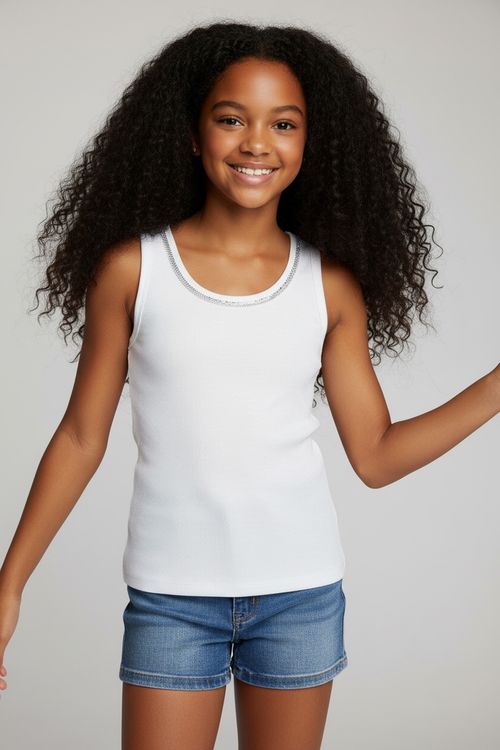 Regata Feminina Branca Juvenil Canelada Gola Strass