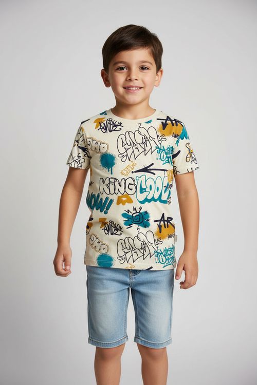 Camiseta Infantil Menino Off White Estampa King Cool Grafite