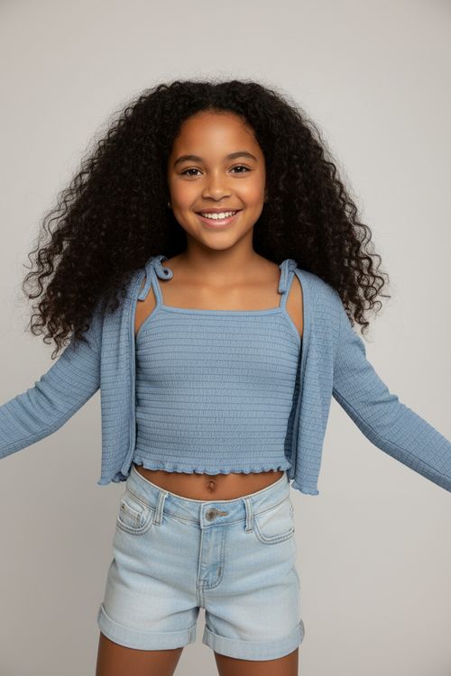 Conjunto Blusa Cropped e Cardigã Infantil Menina Azul Claro Anarruga