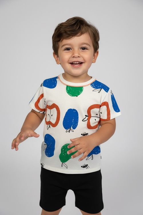 Camiseta Infantil Menino Off-white Maçãs e Formigas
