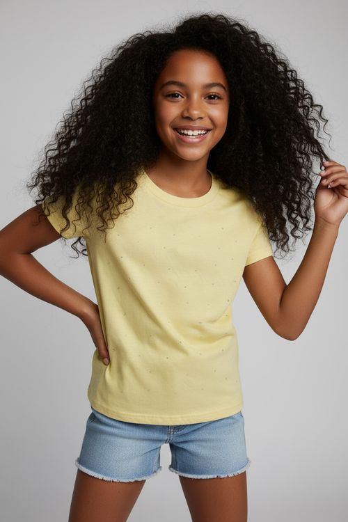 Blusa Infantil Menina Amarelo Claro Juvenil Strass