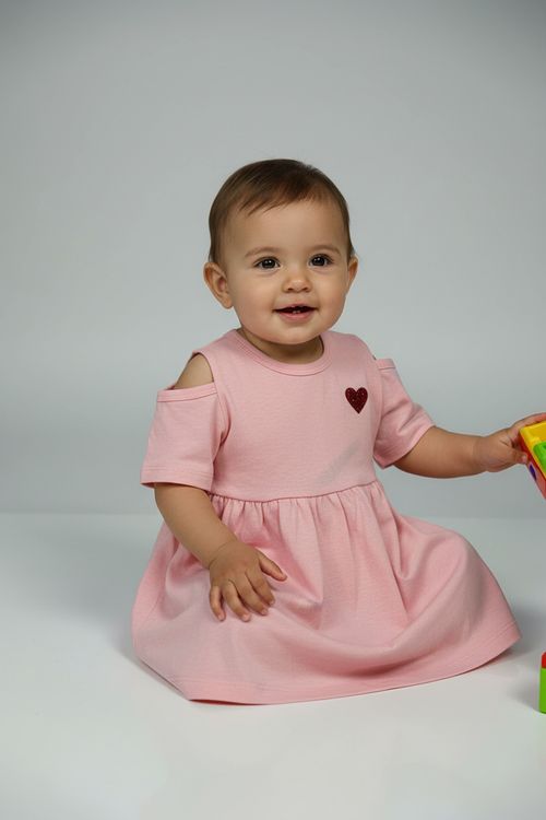 Vestido Infantil Menina Rosa Bebê Coração Glitter Ombros Vazados