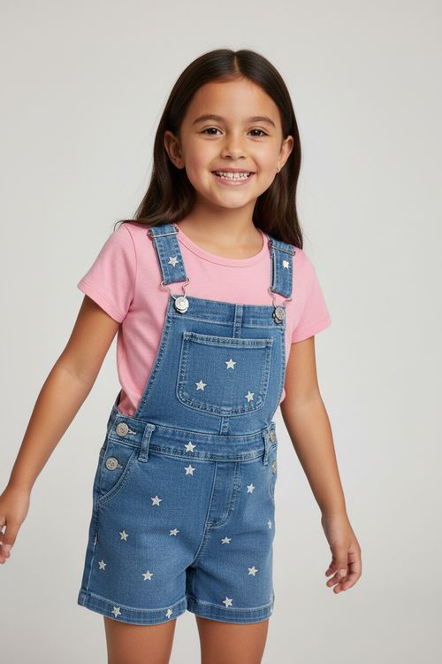 Jardineira Shorts Jeans Infantil Menina Azul Estrelas Prateadas
