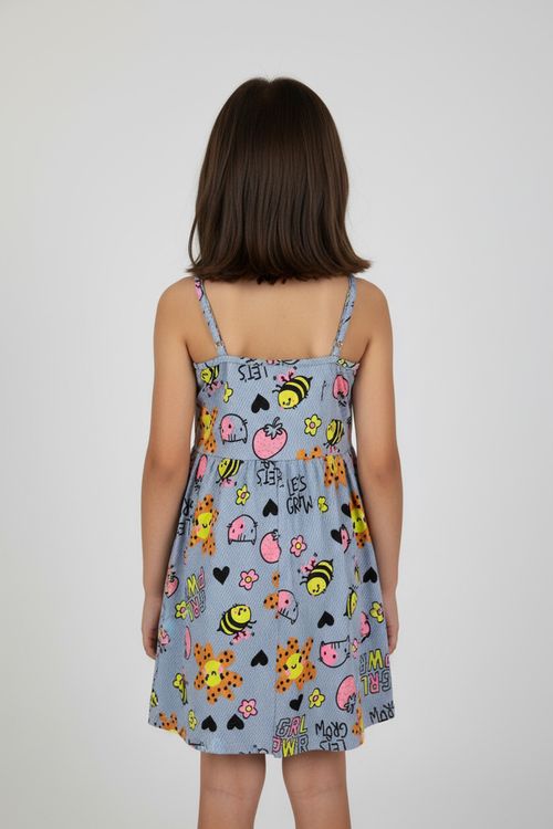Vestido Infantil Menina Azul Claro Abelhas, Morangos e Frases