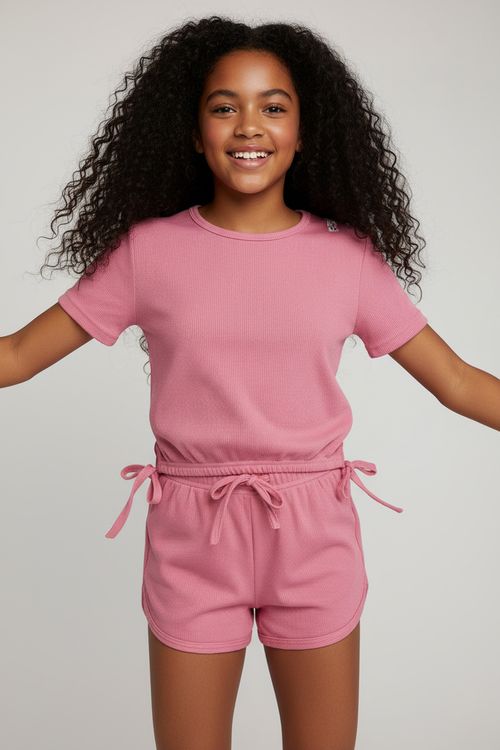 Conjunto Blusa e Shorts Infantil Menina Rosa Canelado Laços
