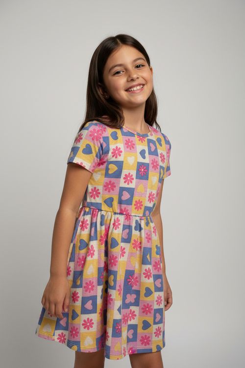Vestido Infantil Menina Colorido Quadriculado Corações e Flores