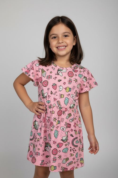 Vestido Infantil Menina Rosa Unicórnios e Doces