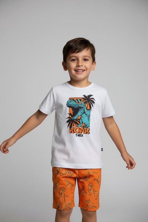 Conjunto Infantil Menino Branco/Laranja T-Rex ROAR Dinossauros
