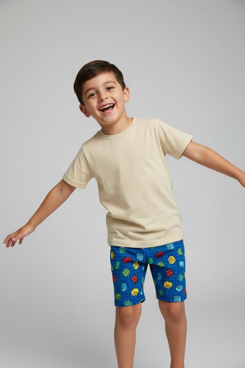 Conjunto Infantil Menino Camiseta Bege Bermuda Azul Blocos Coloridos