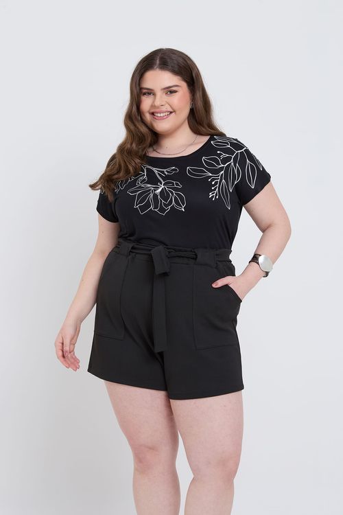 Shorts Feminino Caedu Preto em Crepe com Cinto e Bolsos