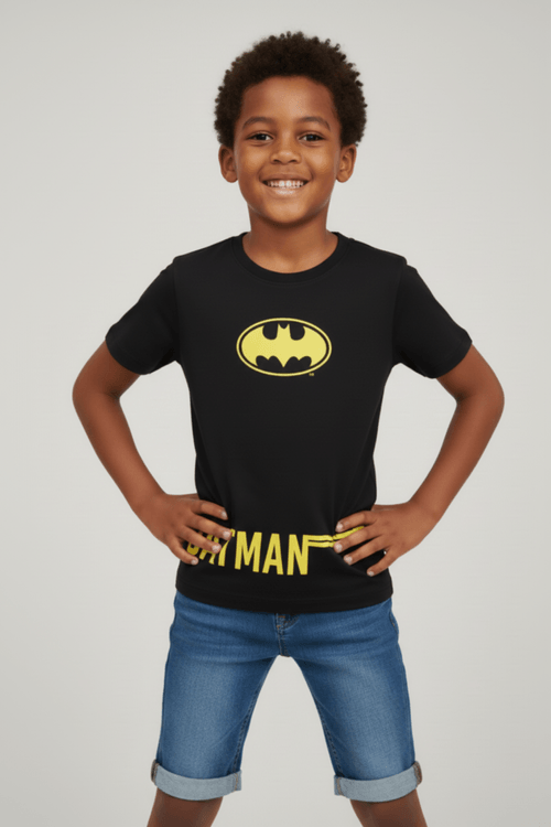 Camiseta Infantil Menino Preto Logo Batman Amarelo