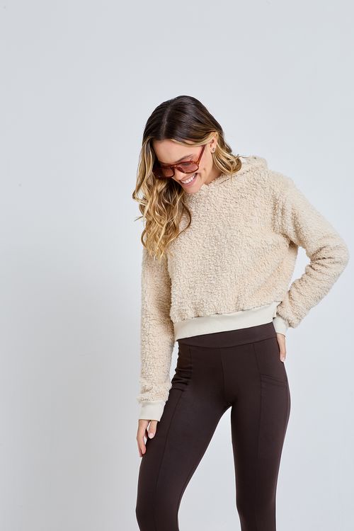 Moletom Cropped Sherpa com Capuz Feminino Off-White